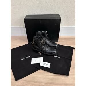 Authentic CHANEL Quilted Lace Up Boots Black 37.5
